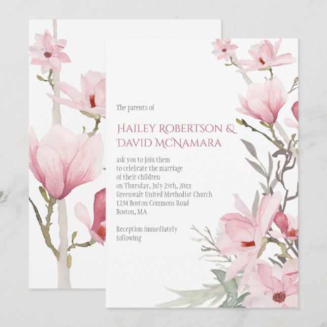 Rosa Magnolior och Grönska Bröllopsinbjudningar Inbjudningar (Fram/baksida)