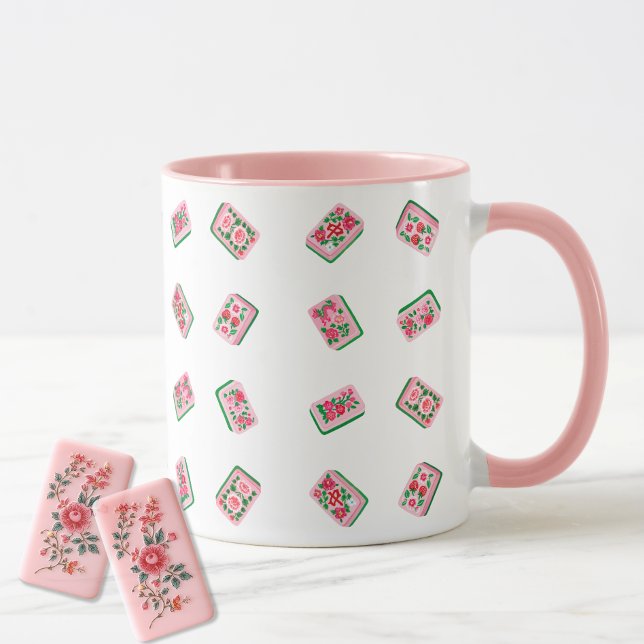 Rosa Mahjong-blommor kakelplattor Mugg (Skapare uppladdad)