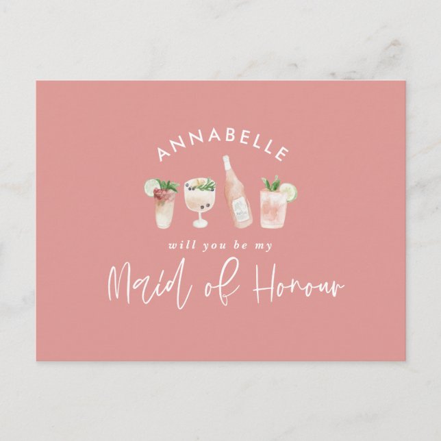Rosa maid of honor chic, gigantisk vattenfärgscock inbjudan vykort (Framsida)