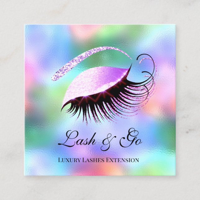 Rosa Makeup Artist Eyelash Extension Holografisk b Fyrkantigt Visitkort (Framsida)