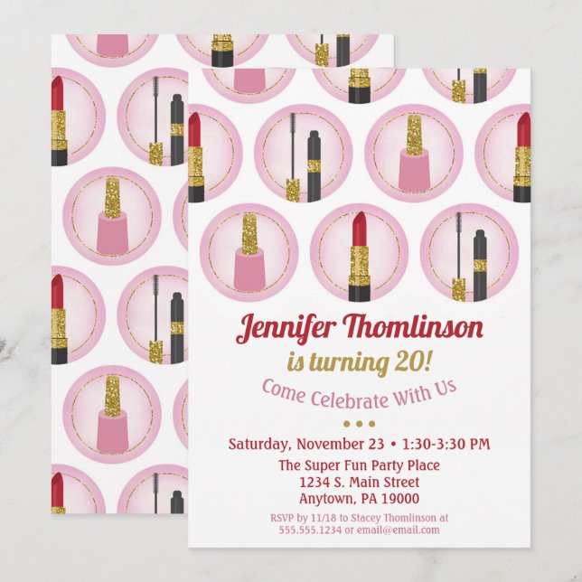 Rosa Makeup Cosmetics födelsedagsinbjudan Lipstick Inbjudningar (Fram/baksida)