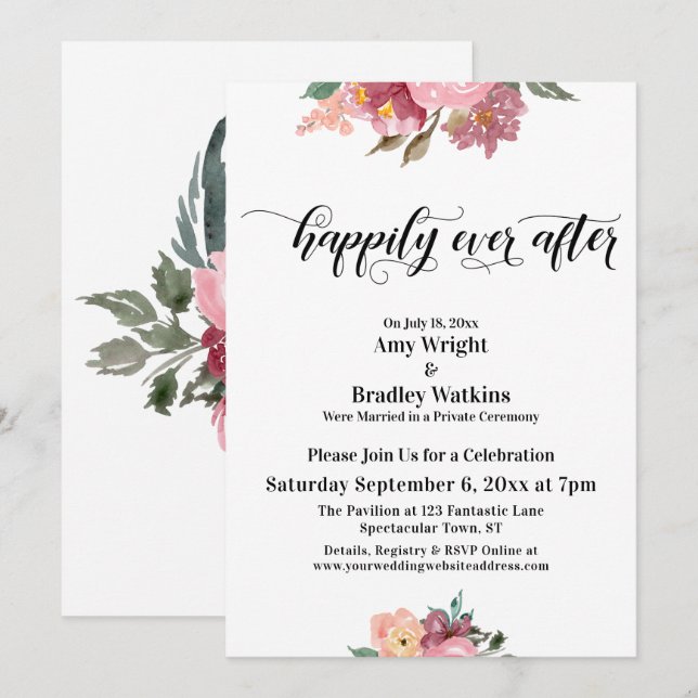 Rosa Målade Blommor Lyckliga Slutet Typografi Inbjudningar (Fram/baksida)