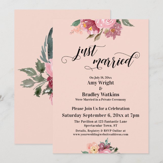 Rosa målade blommor Nygifta Typografi Rosaton Inbjudningar (Fram/baksida)
