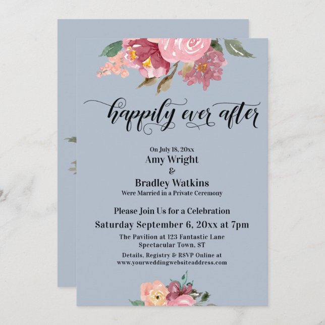 Rosa Målade Blommor Så Happily Ever After Dammt Bl Inbjudningar (Fram/baksida)