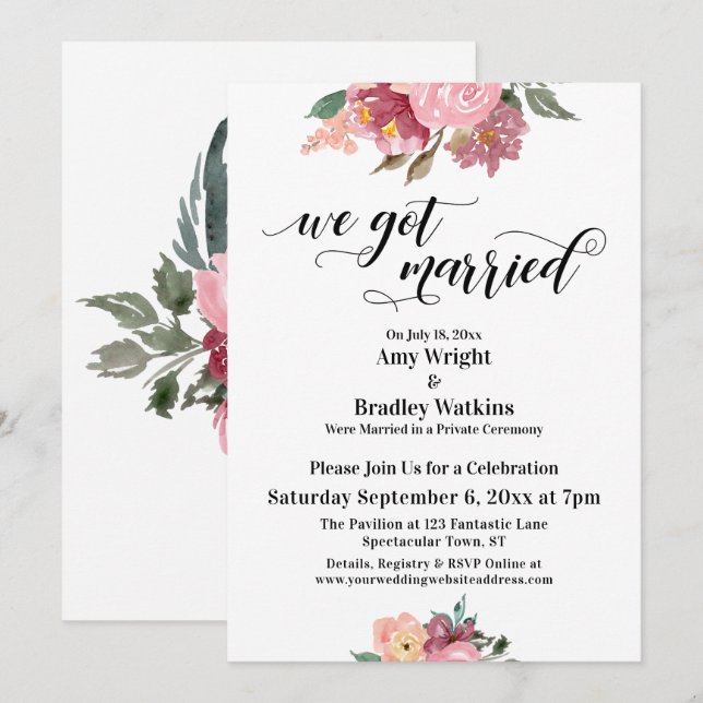 Rosa Målade Blommor Vi Blev Gifta Typografi Inbjudningar (Fram/baksida)