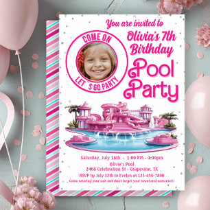 Rosa Malibu-docka poolparty Inbjudningar