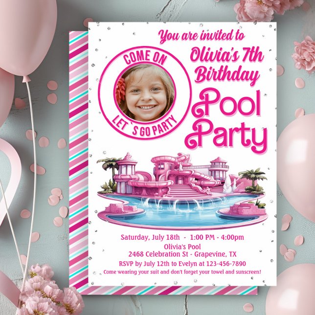 Rosa Malibu-docka poolparty  Inbjudningar (Cute Malibu doll pool party invitation with spot for your photo. Any age - simply add your details.)