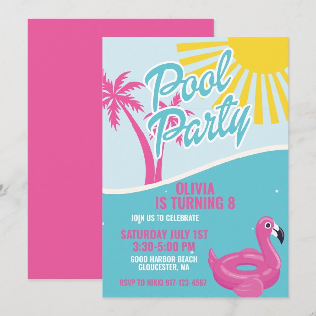 Rosa Malibu Pool Party födelsedag Inbjudningar (Fram/baksida)