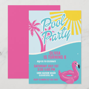 Rosa Malibu Pool Party födelsedag Inbjudningar