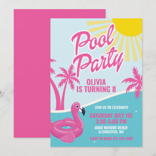 Rosa Malibu Pool Party födelsedag Inbjudningar