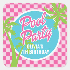 Rosa Malibu Poolparty Födelsedag Fyrkantigt Klistermärke