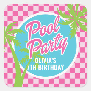 Rosa Malibu Poolparty Födelsedag Fyrkantigt Klistermärke