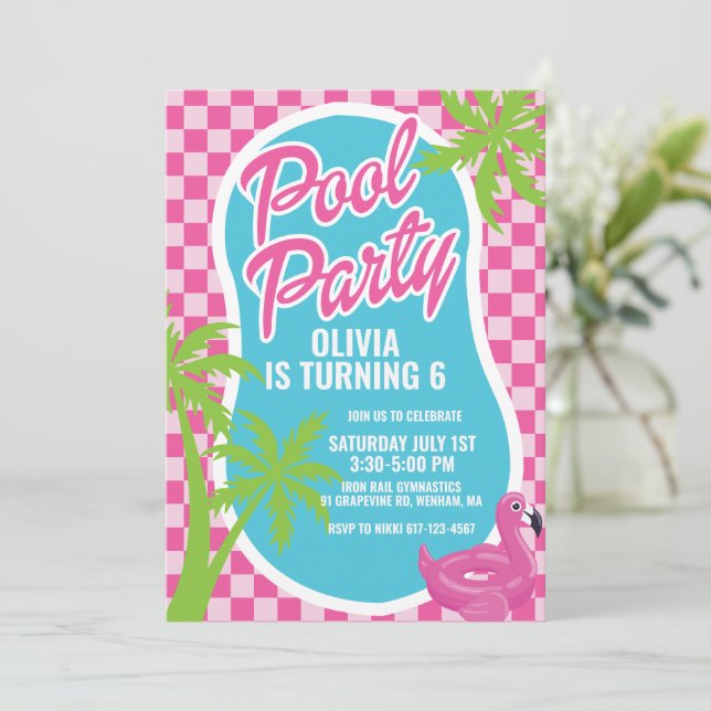 rosa malibu poolparty födelsedag inbjudningar (Stående Fram)