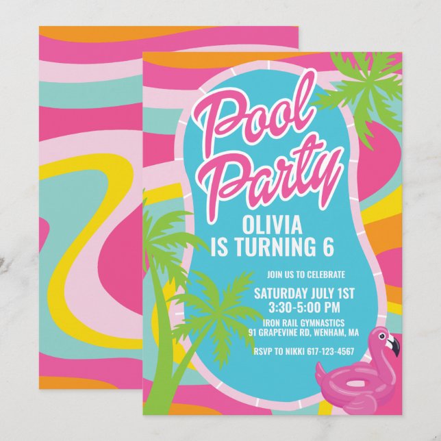 rosa malibu virvel poolparty födelsedagsfest inbjudningar (Fram/baksida)
