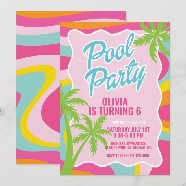 rosa malibu virvel poolparty födelsedagsfest inbjudningar (Fram/baksida)
