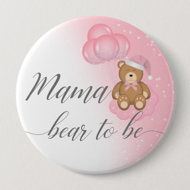 Rosa Mamma Bear att Sömnig Bear Girl Baby Shower Knapp (Framsida)