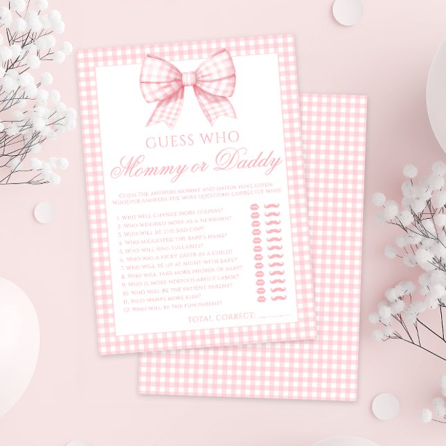 Rosa mamma eller pappa bow gingham babyduschspel inbjudningar (Skapare uppladdad)