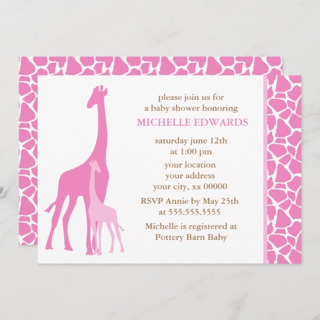 Rosa Mamma och Baby Giraffe Girl Baby Shower Inbjudningar (Fram/baksida)