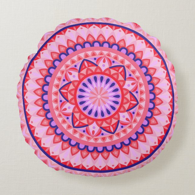 Rosa Mandala Boho Livlig Kärlek Geometriskt Mönste Rund Kudde (Framsidan)