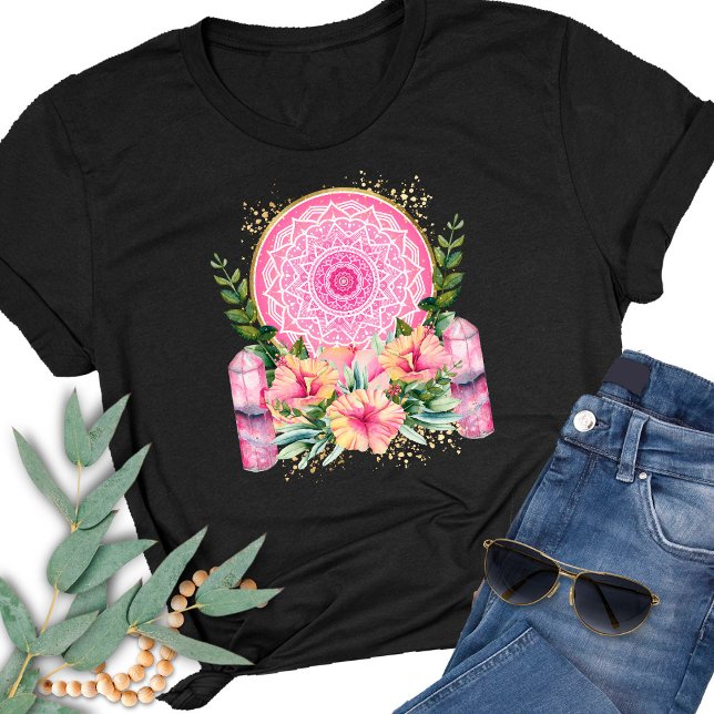 Rosa Mandala Crystal Flowers Watercolor Boho T Shirt (Skapare uppladdad)