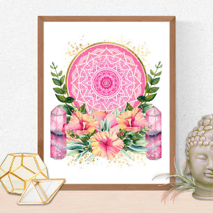 Rosa Mandala Crystal Flowers Yoga Reiki Spa Boho Poster
