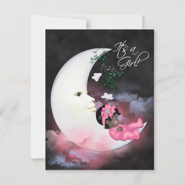 Rosa Måne African American Flicka Shower Inbjudningar (Framsida)