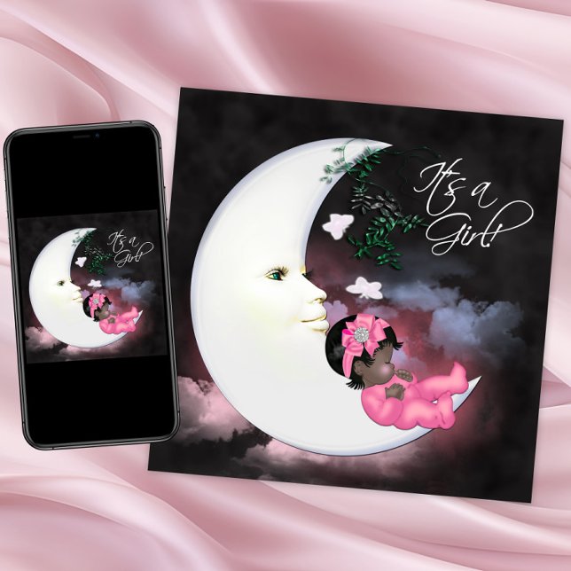 Rosa måne afroamerikansk babyflicka shower inbjudningar (Cute moon baby shower invitation. Instant download and printed invitations available.)