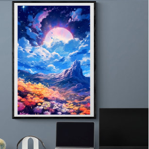 Rosa måne nattetid himlar blommigt Ai Poster