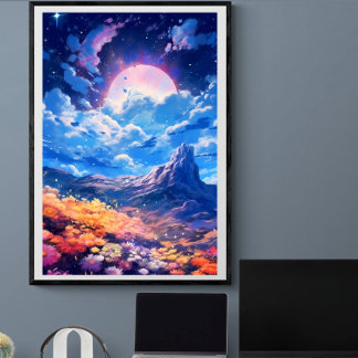 Rosa måne nattetid himlar blommigt | Ai Poster