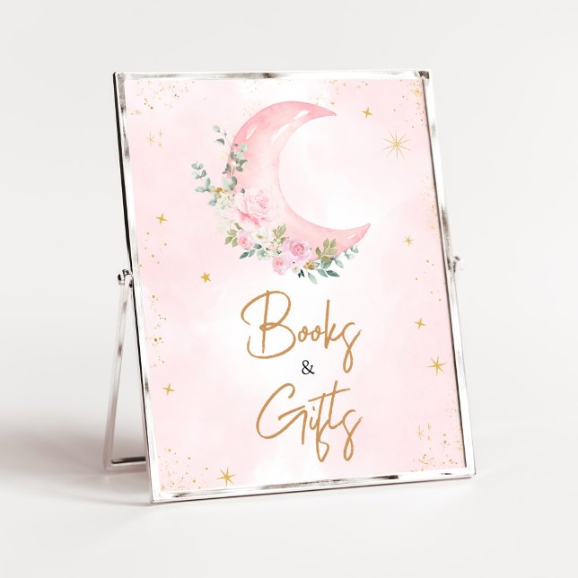 Rosa Måne och Stars Baby Shower Bokar och presente Poster (Twinkle Little Star Baby Shower Books and Gifts Sign)