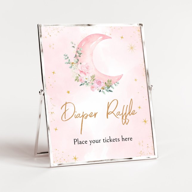 Rosa Måne och Stars Baby Shower Diaper Raffle Poster (Twinkle Little Star Baby Shower Diaper Raffle Sign)