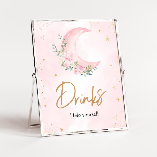 Rosa Måne och Stars Baby Shower Drinks Poster (Twinkle Little Star Baby Shower Drinks Sign)