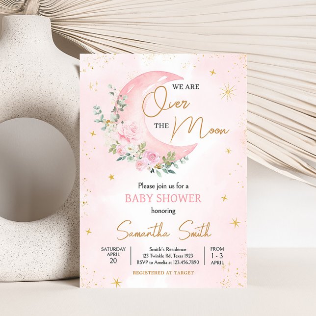 Rosa Måne och Stars Baby Shower Inbjudningar (Twinkle Little Star Baby Shower Invitation)