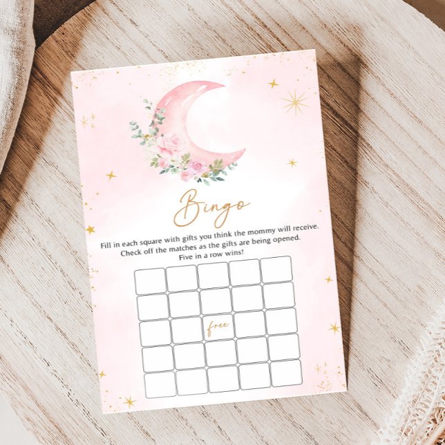 Rosa måne och stjärnor Baby Shower Bingo spel (Floral Monn and Stars Baby Shower Game)