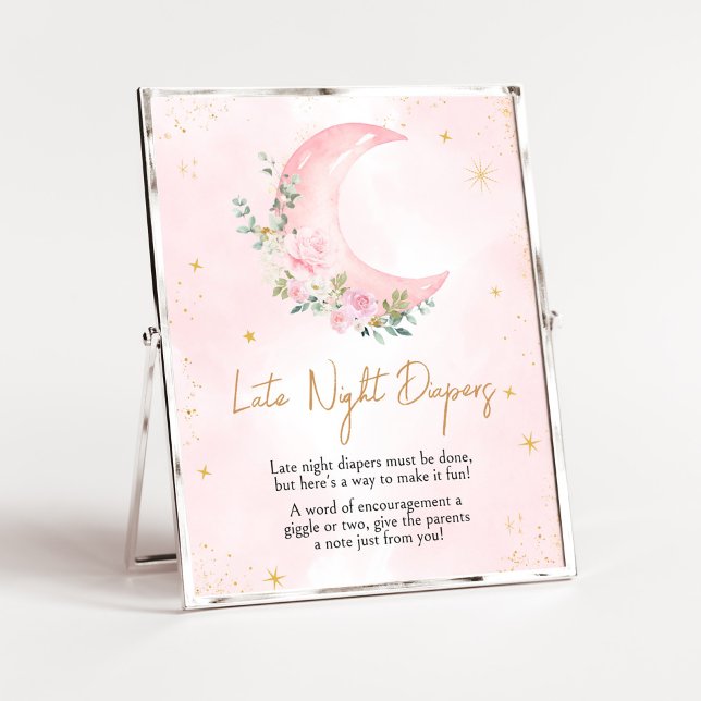 Rosa Måne och stjärnor Baby Shower Late Night Diab Poster (Twinkle Little Star Baby Shower Late Night Diapers Sign)