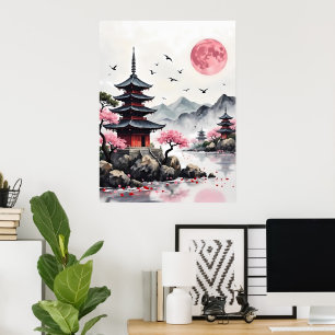 Rosa Måne över Pagoda Poster