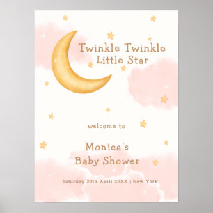 Rosa Måne Stars Twinkle Girl Baby Shower Välkommen Poster