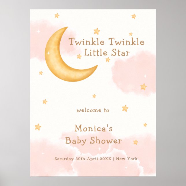 Rosa Måne Stars Twinkle Girl Baby Shower Välkommen Poster (Framsidan)