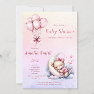 Rosa Måne Sweet Sömnig Baby Bear Themme Inbjudningar