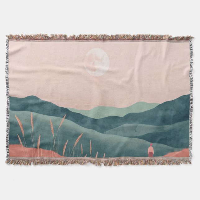 Rosa månlandskap i teal boho-stil filt (Framsidan)