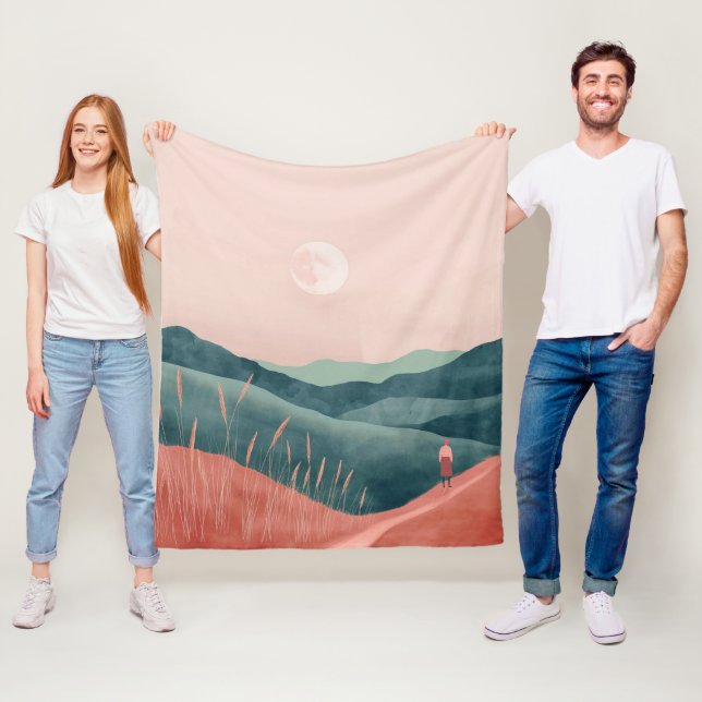 Rosa månlandskap i teal boho-stil fleecefilt (På plats)