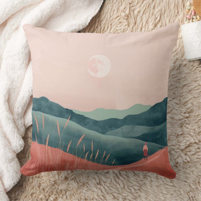 Rosa månlandskap i teal boho-stil kudde (Filt)