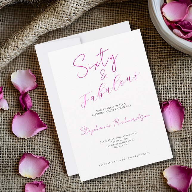 Rosa manuskrivna Sixty och fantastisk 60-årsfest Inbjudningar (Celebrate a 60th birthday event  with this 5" x 7" invitation)
