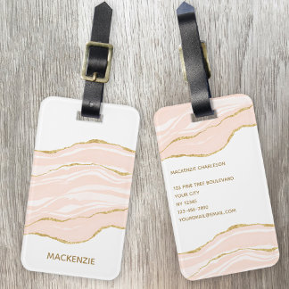 Rosa Marble Agate Guld Glitter Bagagebricka