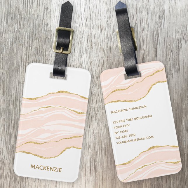  Rosa Marble Agate Guld Glitter Bagagebricka (Skapare uppladdad)