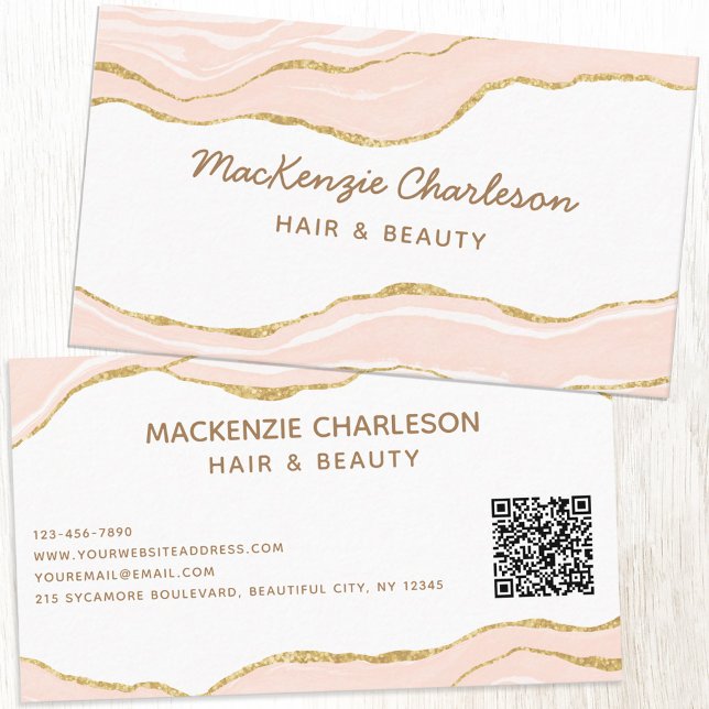 Rosa Marble Agate Guld Glitter QR-kod Visitkort (Blush pink agate marble faux gold elegant custom business card with QR code)