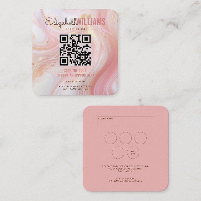 Rosa Marble Beauty Aesthetics QR Code Loyalty & Fyrkantigt Visitkort (Fram/baksida)