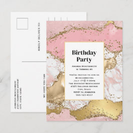 Rosa Marble Design Birday i Luxury Ro Guld Inbjudan Vykort