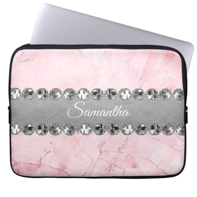 Rosa Marble Diamond Bling Laptop Fodral (Framsidan)