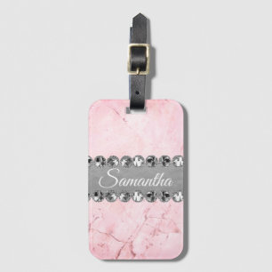 Rosa Marble Diamond Bling Personlig Bagagebricka